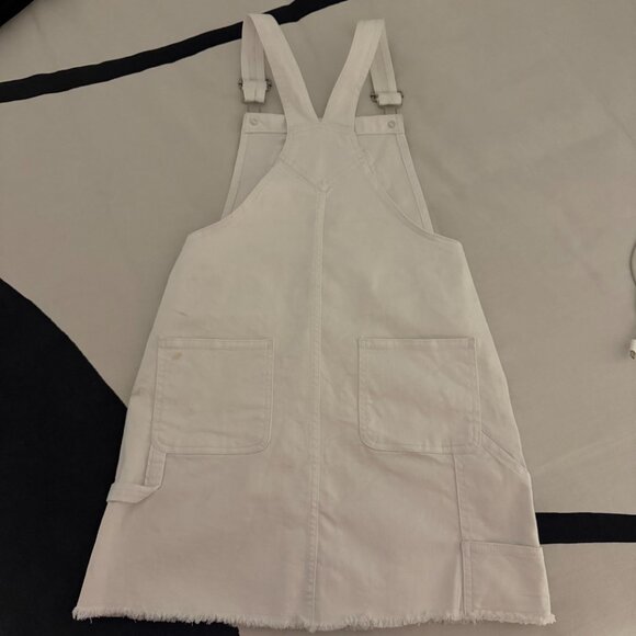 EUC White Denim Overall Dress – Distressed Hem, Adjustable Straps Sz L (10/12) - Picture 7 of 8